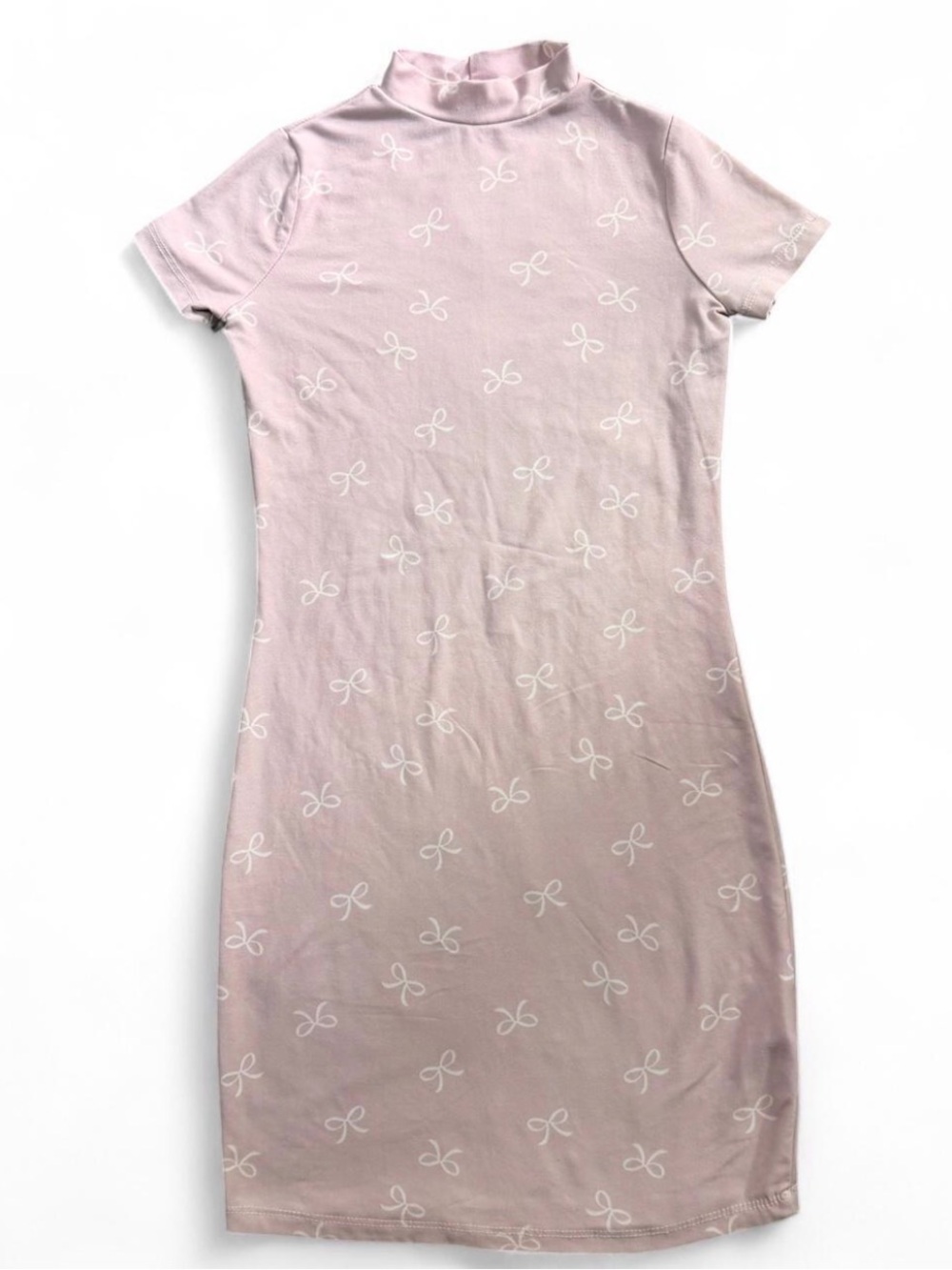 Stella Tweed Pink Bow Print Short Sleeve Mock Neck Dress